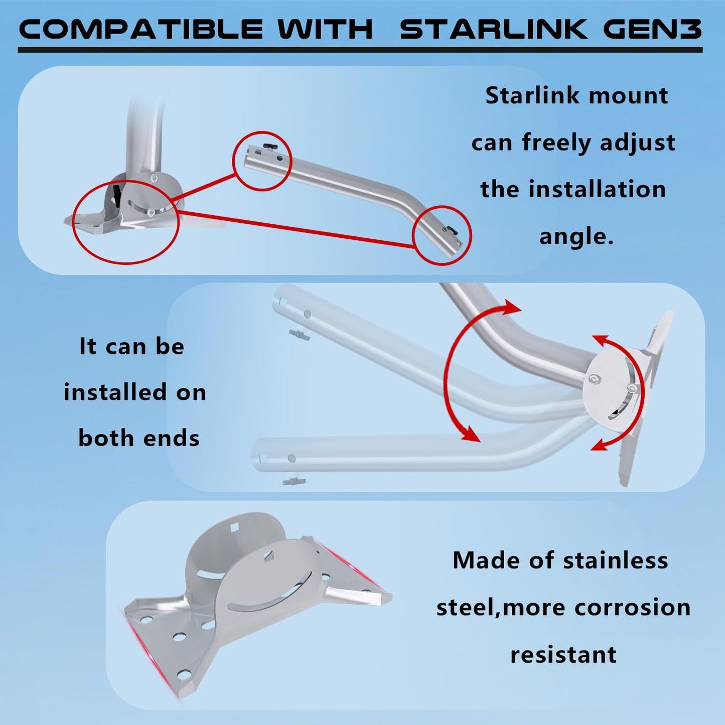 Adjustable Starlink Mounting Kit Gen 3, Ybervont Starlink Gen 3 Wall Mount for Starlink Internet Kit Satellite, Stainless Steel J-Mount with Starlink Gen 3 Pipe Adapter