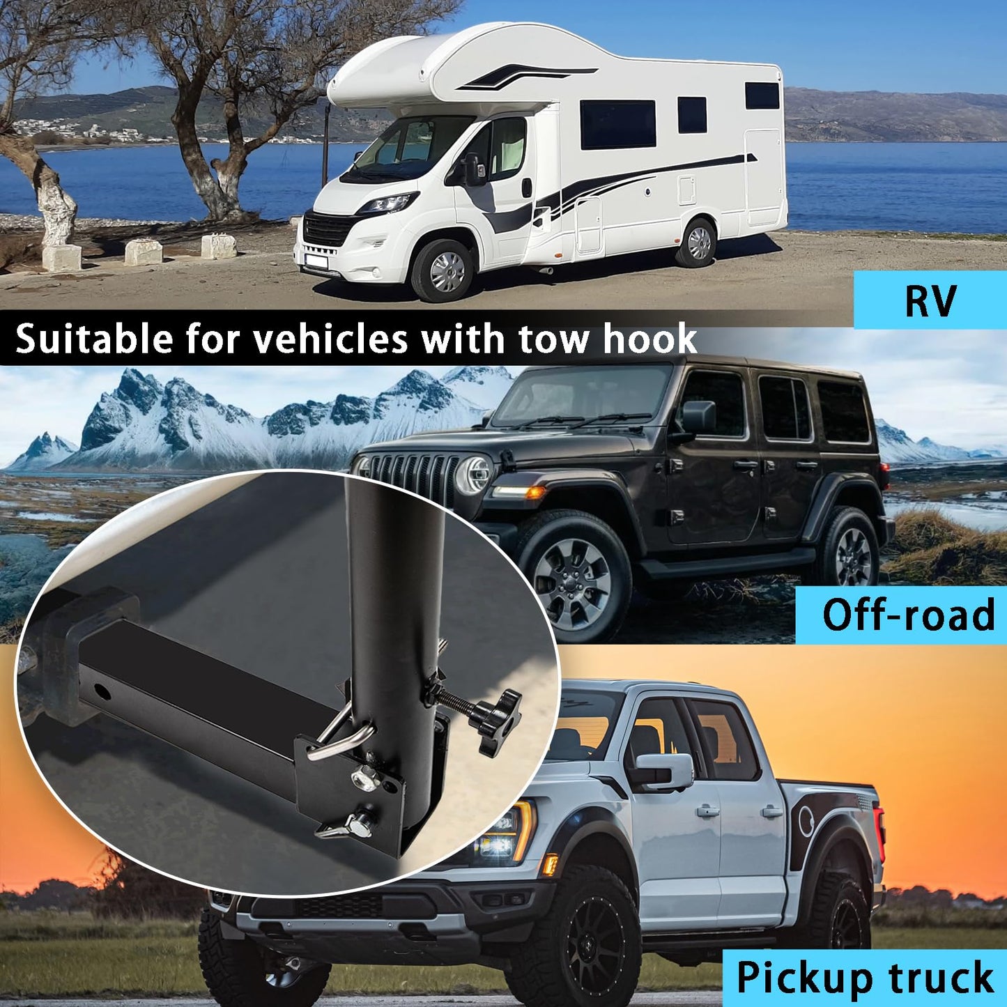 Starlink Gen 3 Pole Mount, Ybervont Starlink Trailer Hitch Mounting Kit, Fits 2 in Square Receiver Tube Opening, with 100 in Stainless Steel Removable Mast, Starlink RV Mount with Gen 3 Pipe Adapter